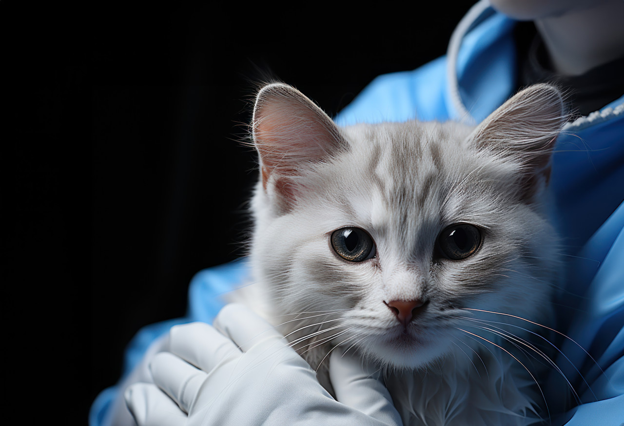 Vet holding cat in white gloves on a black background, animal photography pics