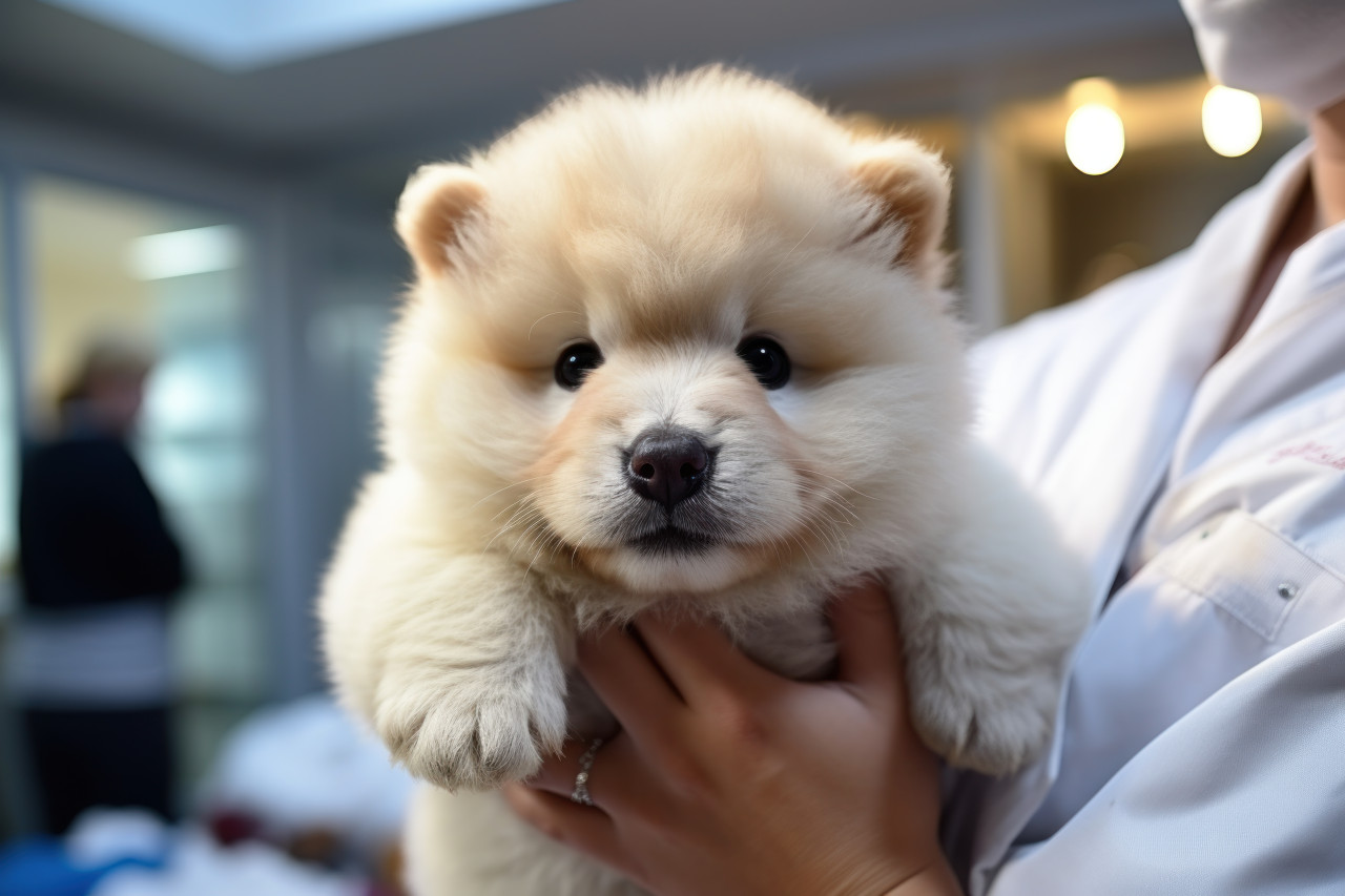 Cute white puppy being gently cradled in the hands of a caring veterinarian during a check up at the animal clinic, cute domestic pet image
