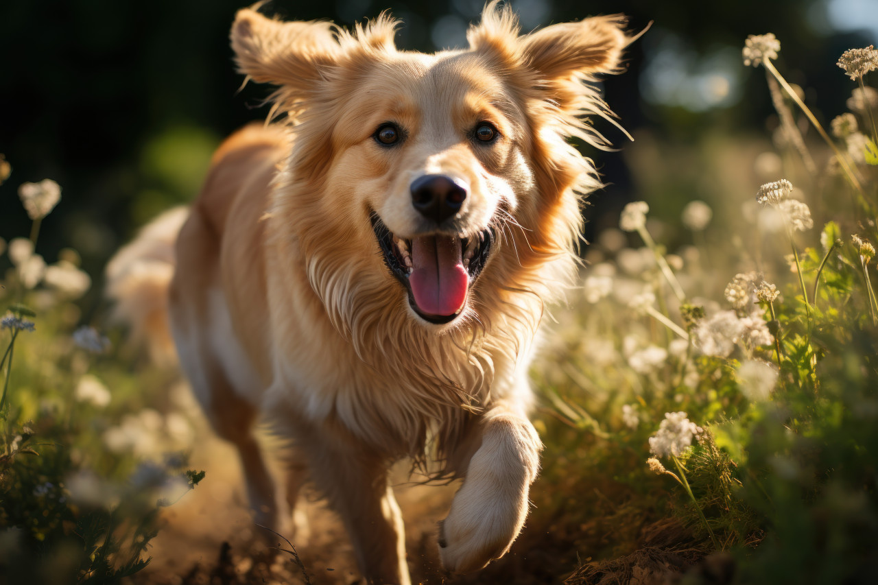 Energetic dog happily runs through green grass, cute domestic pet image