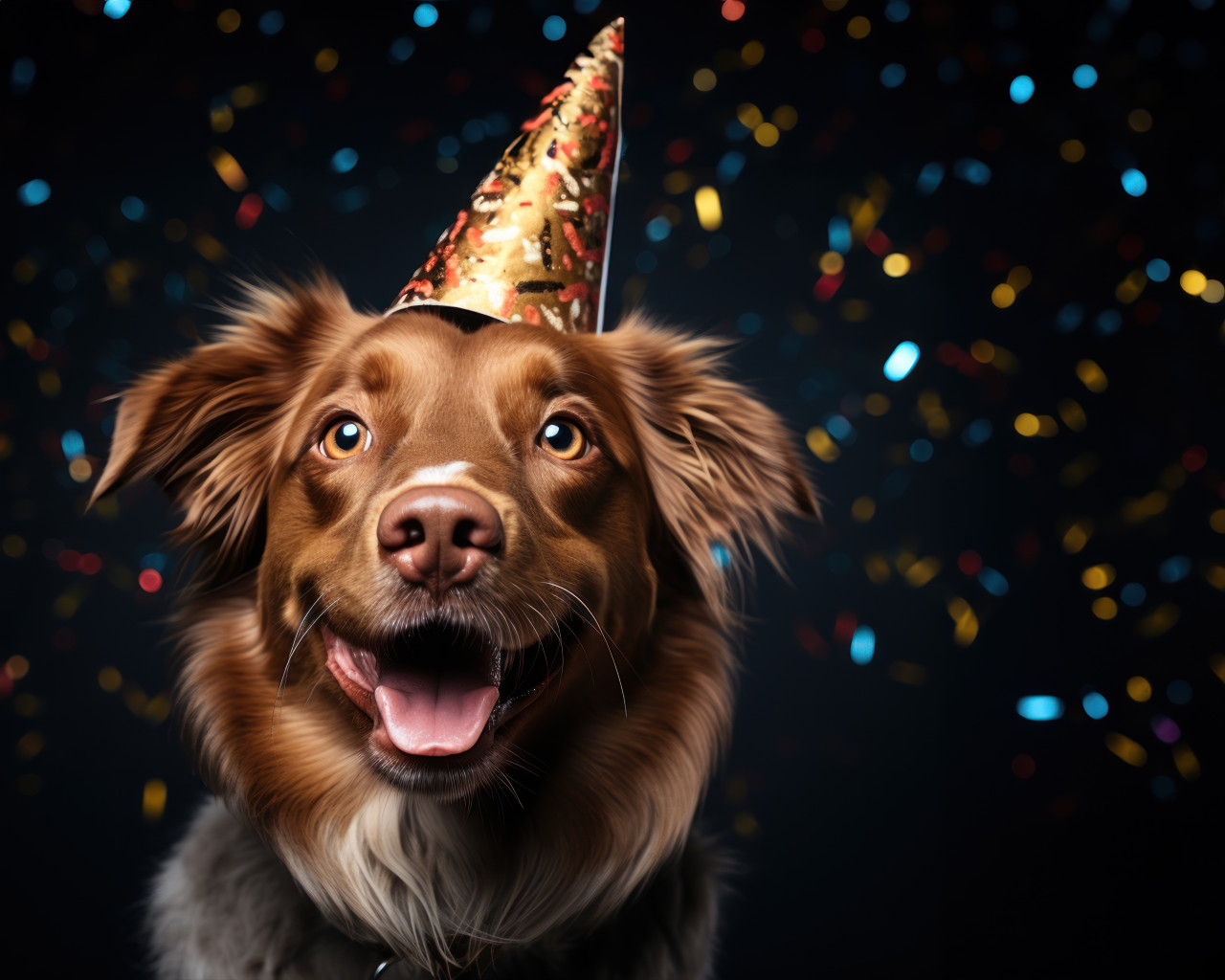 Happy brown coat dog celebrating with a cute party hat on, cute domestic pet image