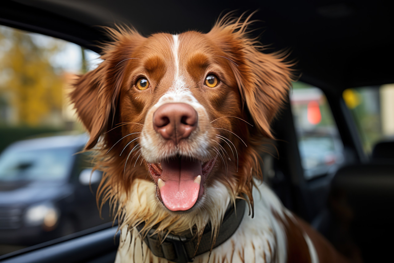 Dog happily sticking out tongue inside car enjoying the ride with pure joy and excitement, cute domestic pet image