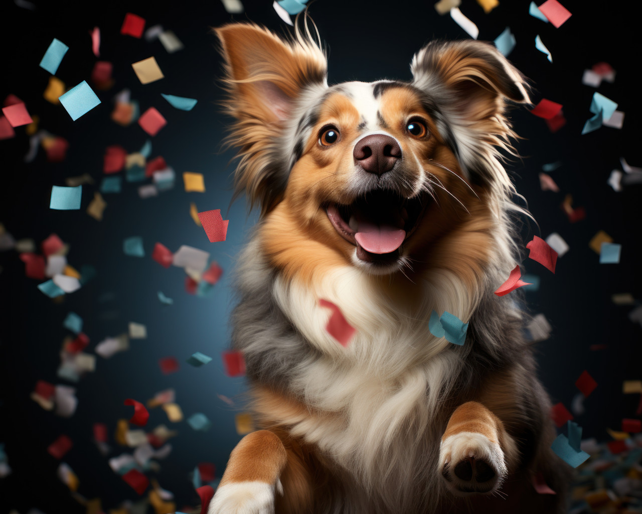 Happy dog jumping and dancing on birthday confetti celebrating joyously, animal photography pics