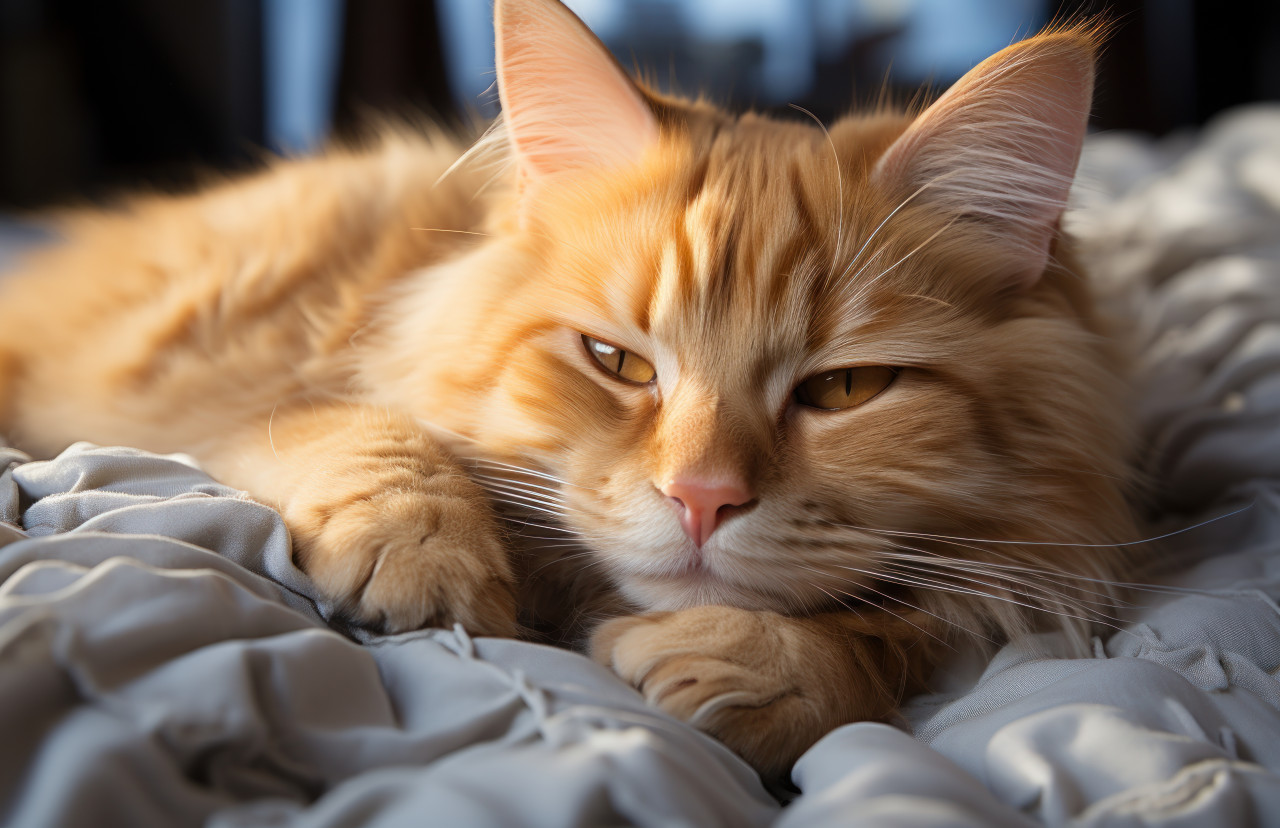 Orange cat curling up on bed finding comfort and warmth in a cozy peaceful moment, cute domestic pet image