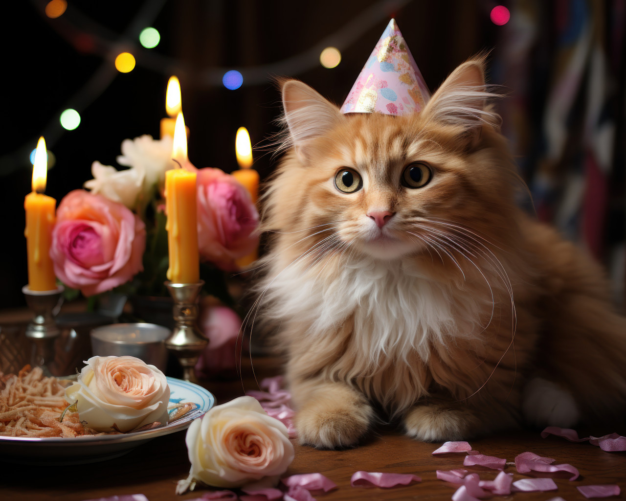 Cute kitten wearing a party hat on a plate, animal photography pics