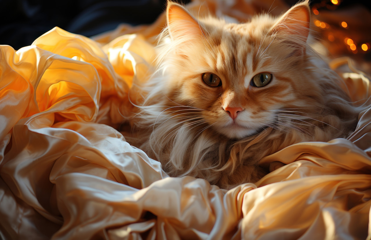 Adorable cat peacefully curled up on a bed, animal photography pics