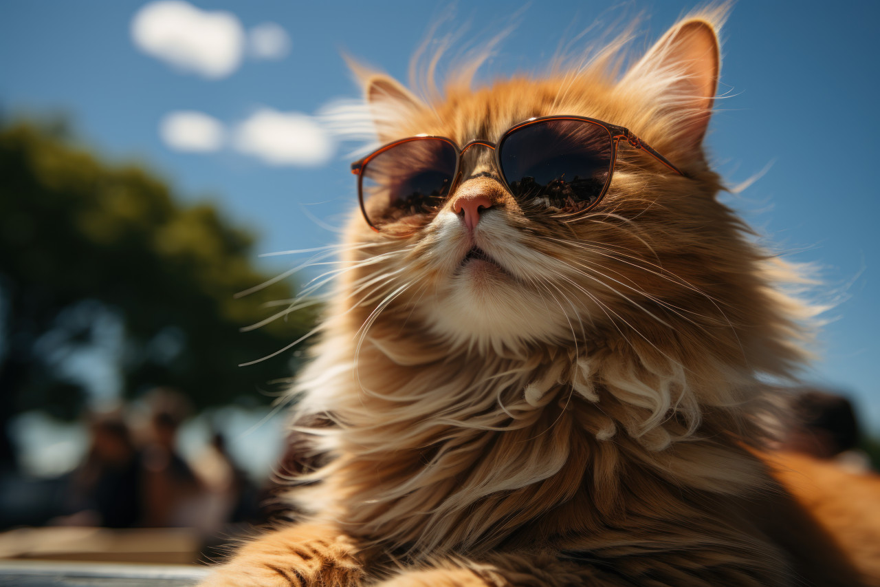 Cool orange cat sporting sunglasses enjoying the sun with a stylish vibe, animal photography pics