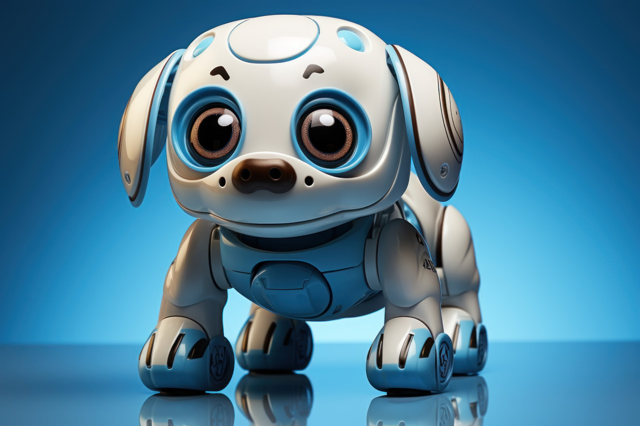 Cute robot dog against blue background, cute domestic pet image