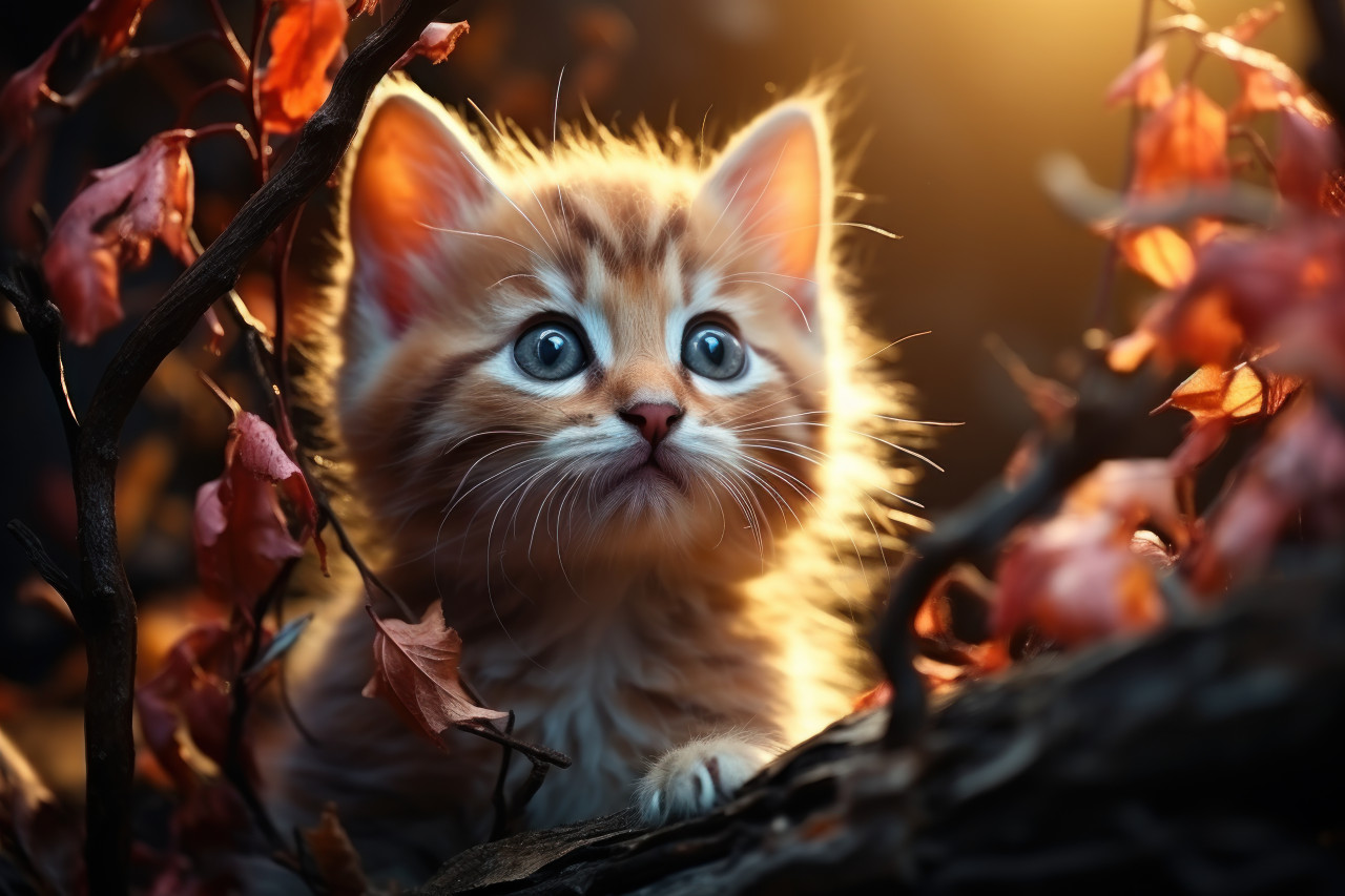 Curious kitten peeks through leafless trees, animal photography pics