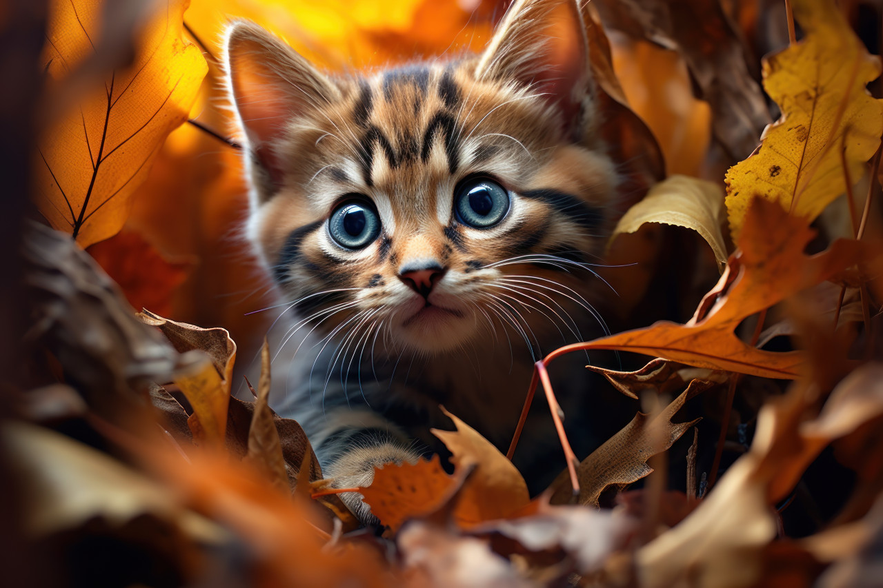 Small kitten peeking from under forest leaves, cute domestic pet image