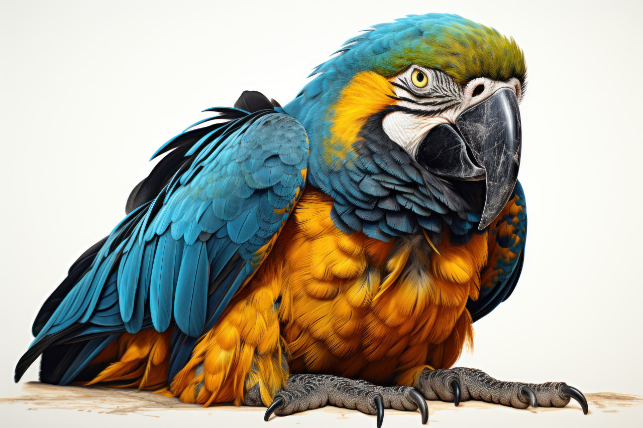 Colorful macaw bird sitting with feet on white background, animal photography pics