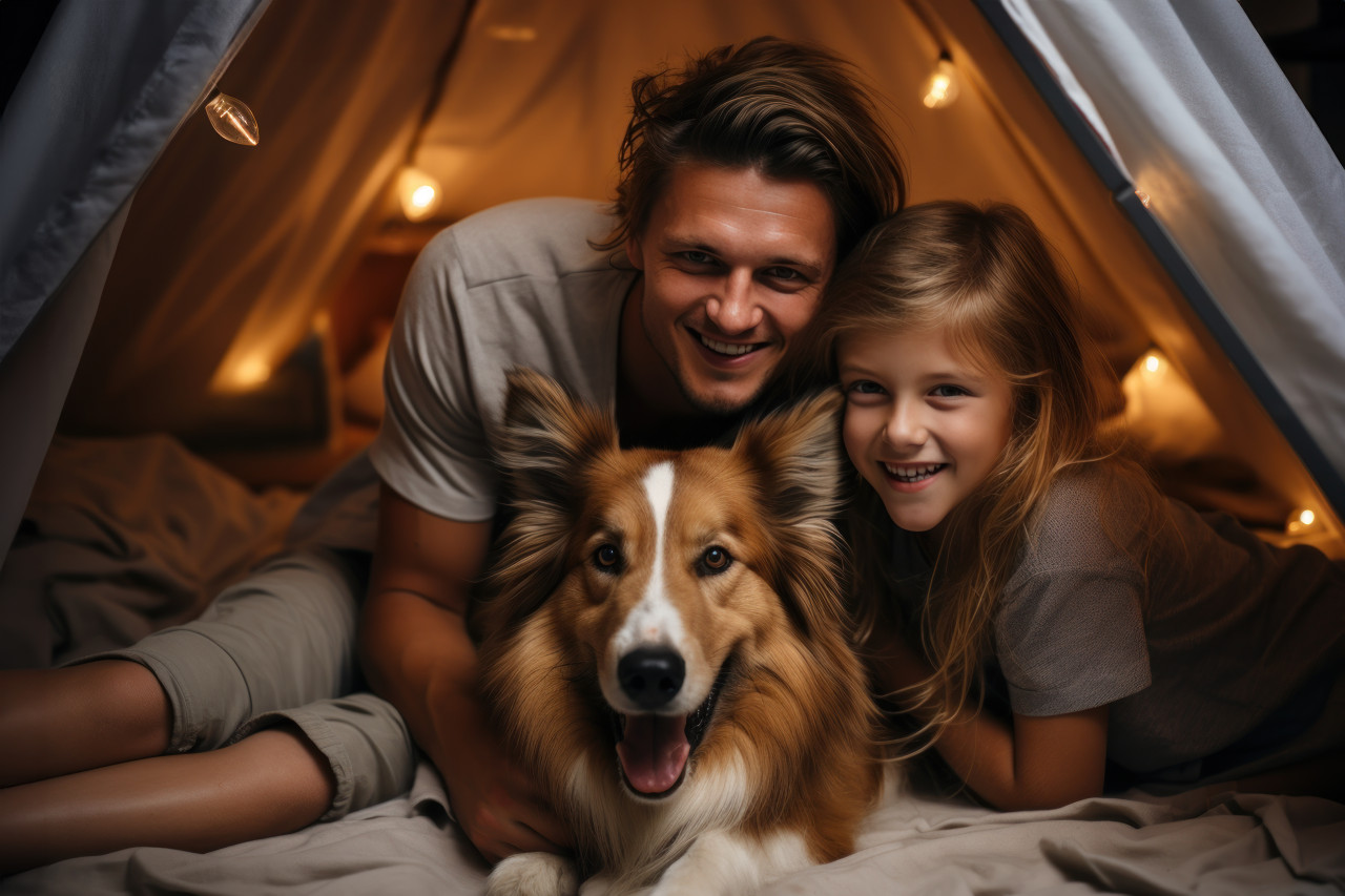 Happy family snuggles in bed with their adorable dog, animal photography pics