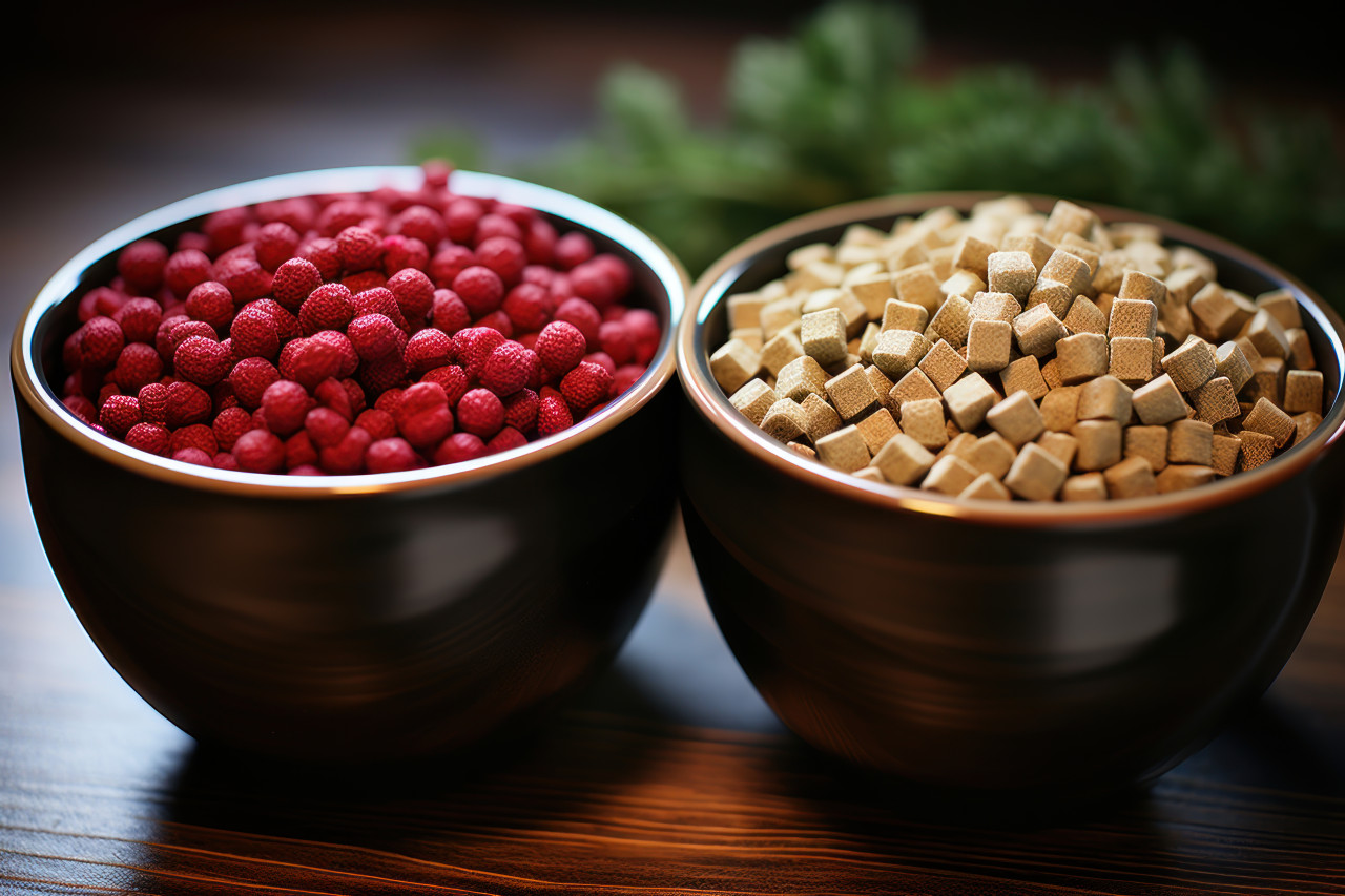Silver and red bowls filled with pet food a tasty meal for your furry friends, cute domestic pet image