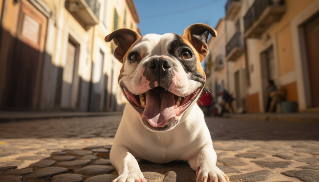 Cute french bulldog in city street, animal photography pics
