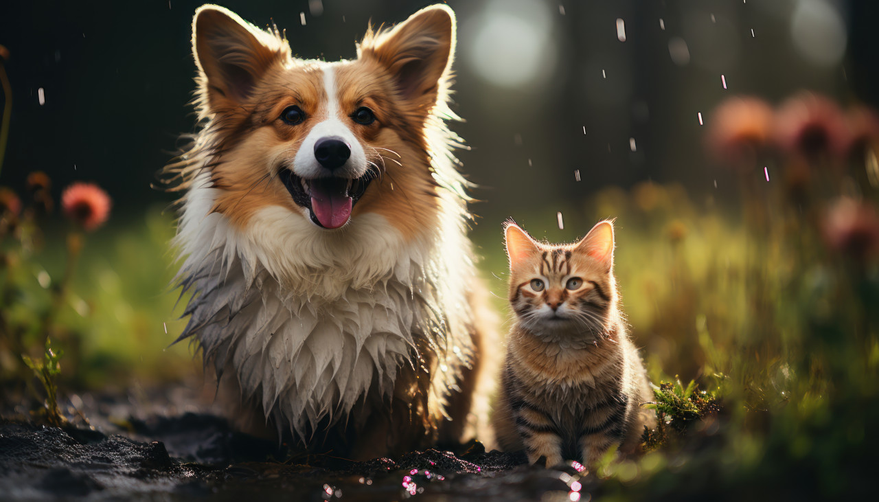 Cute corgi and cat strolling together on rainy grass, animal photography pics