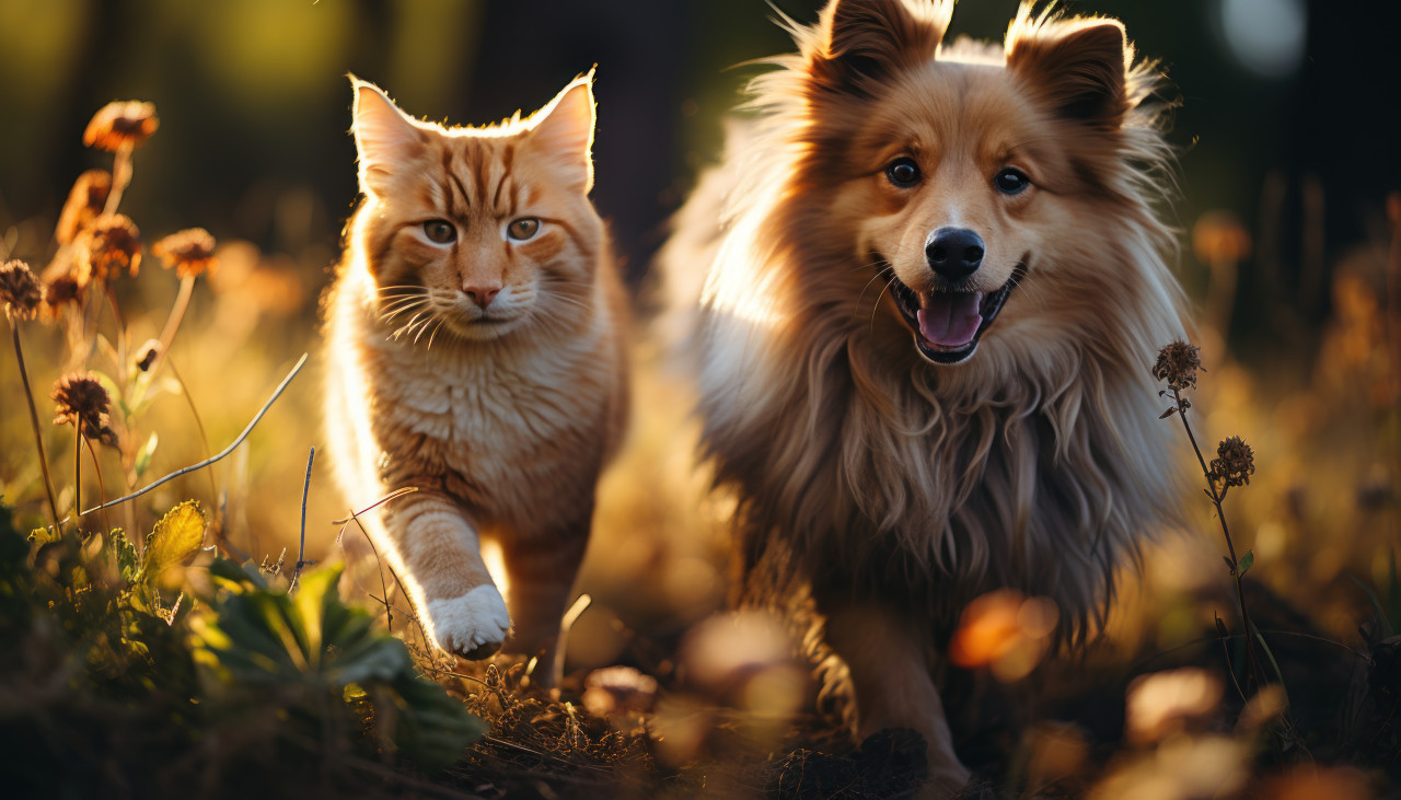 Dog running in grass beside cat playful interaction in a green outdoor setting, cute domestic pet image