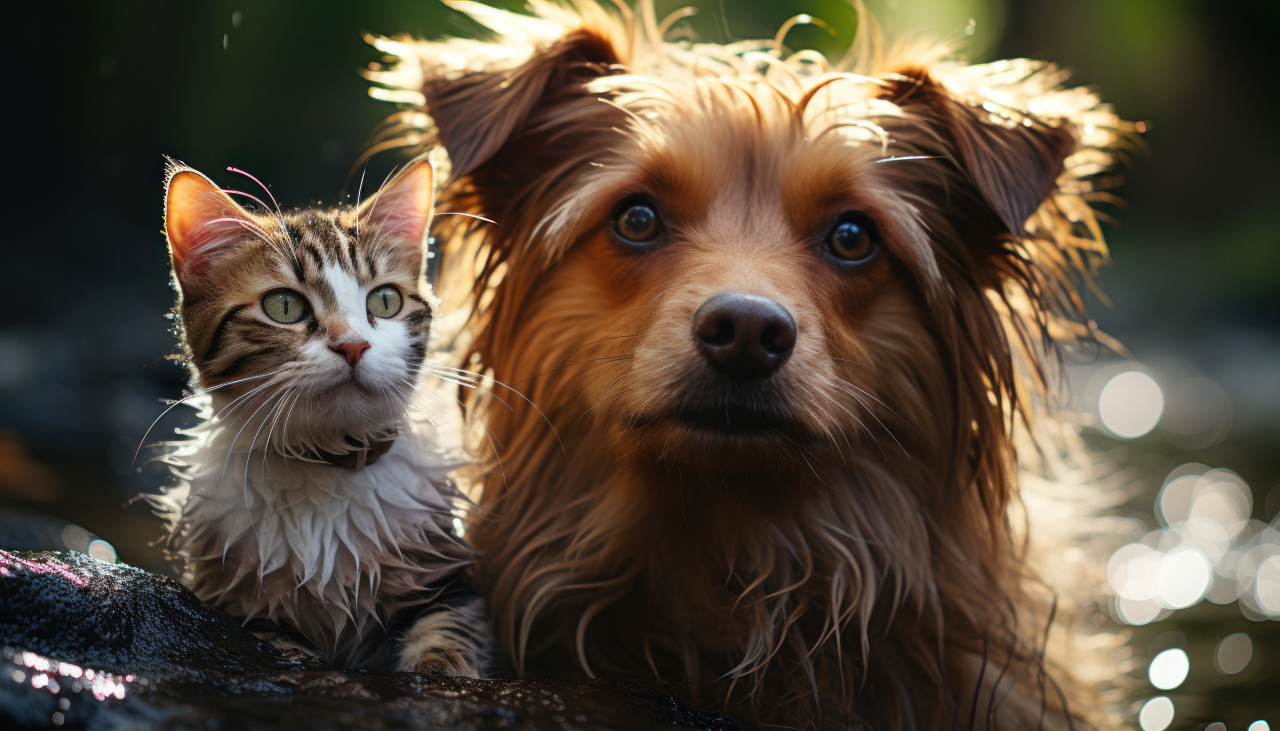 Cat and dog enjoying rain together with playful antics, animal photography pics
