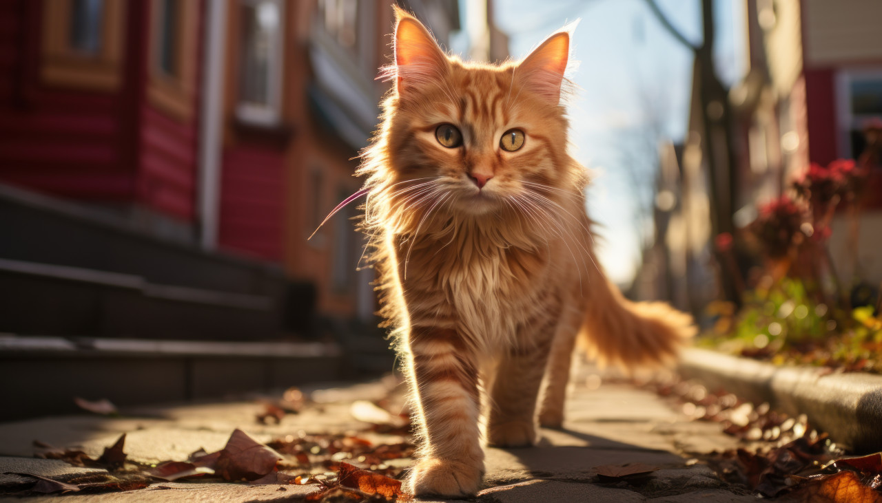 Urban cat strolling down city street exploring surroundings with curiosity, cute domestic pet image