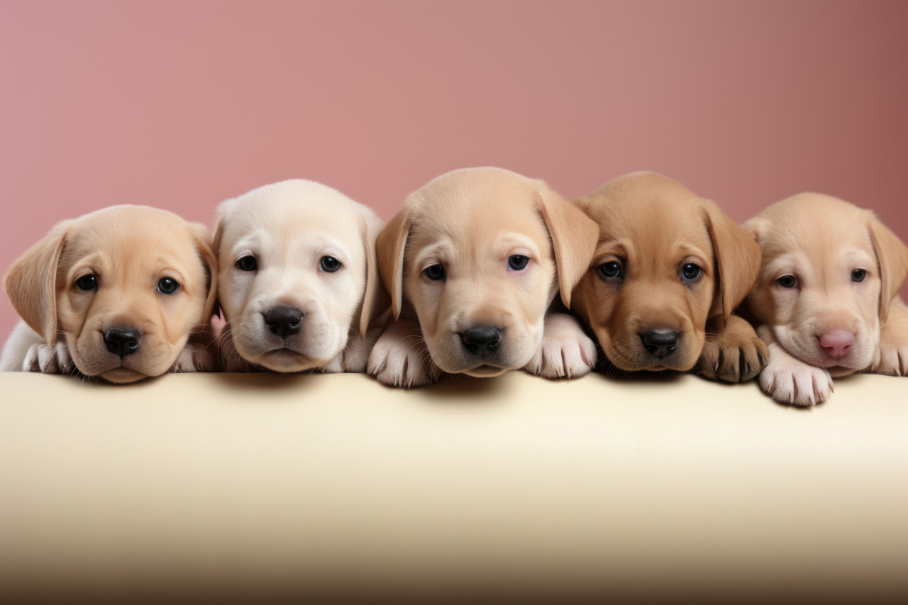 Five adorable yellow puppy labs lying down in a row showcasing their irresistible cuteness and playful camaraderie, animal photography pics