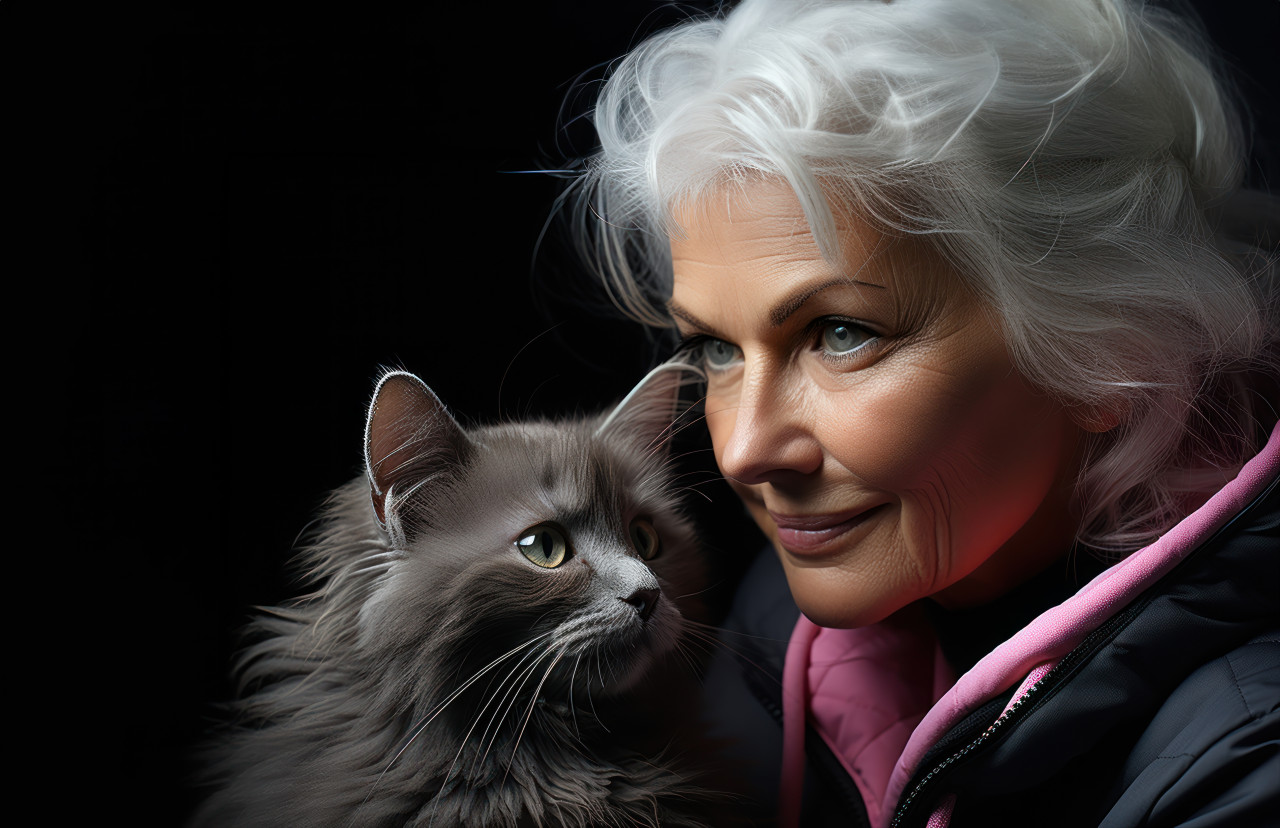 Senior woman gently petting a grey cat with love and care at home, cute domestic pet image
