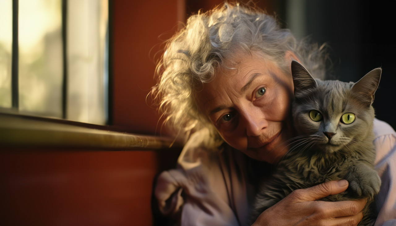 Woman lovingly pets grey cat, animal photography pics