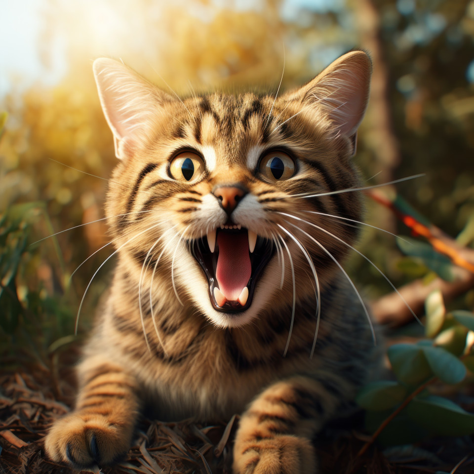 A cat with a big mouth making funny expressions, animal photography pics