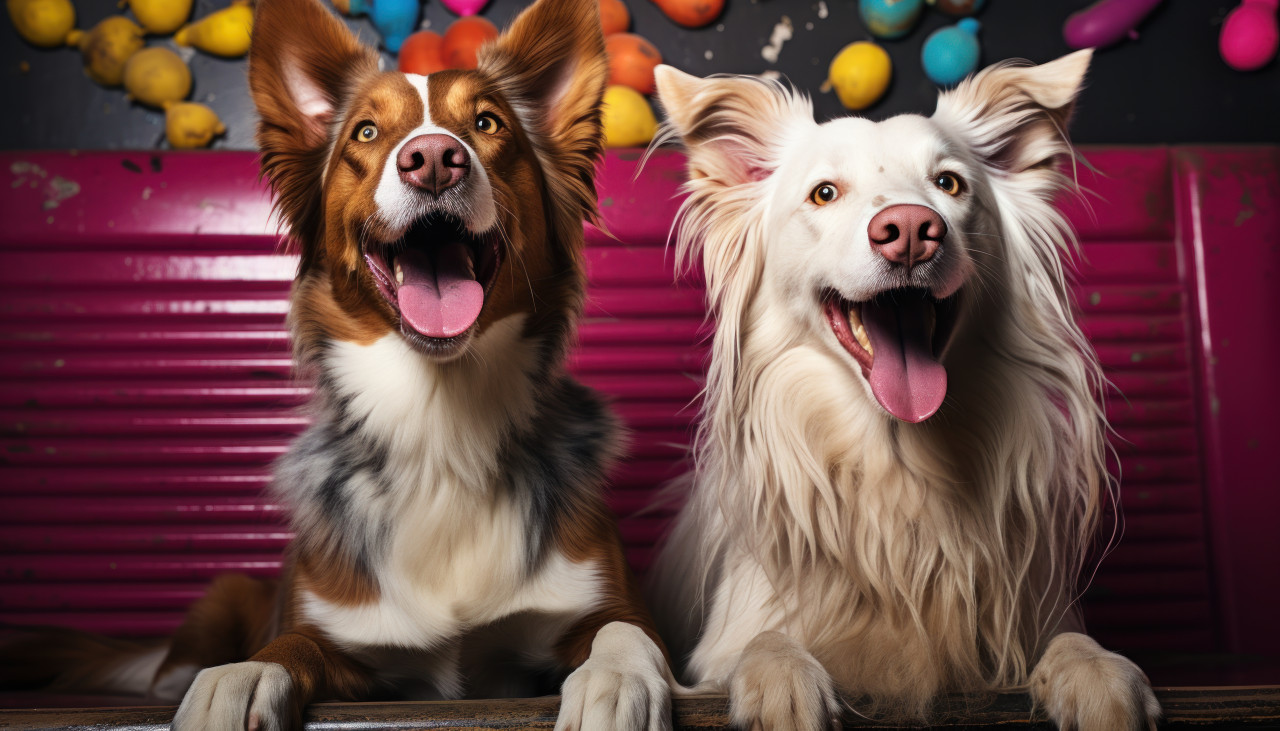 Two dogs sitting together sticking out its tongue creating a playful and amusing scene in a delightful outdoor setting, animal photography pics