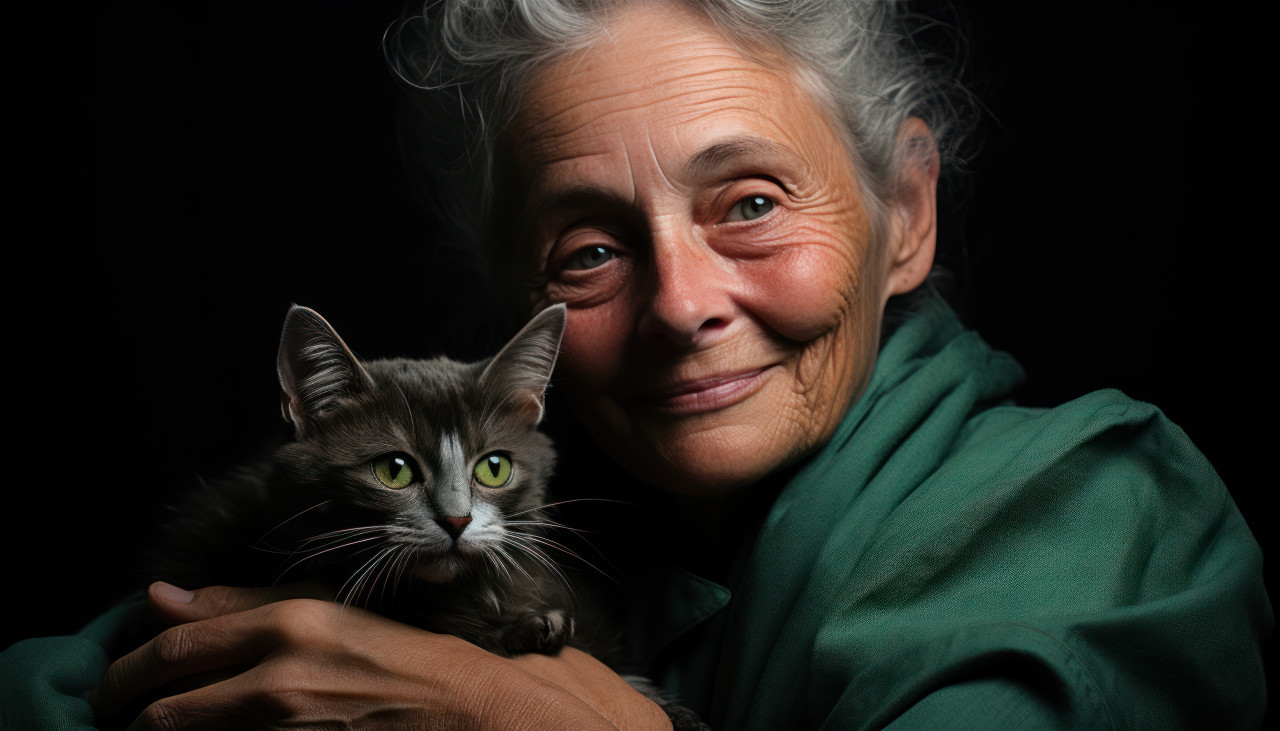 Elderly woman gently pets her gray cat, cute domestic pet image