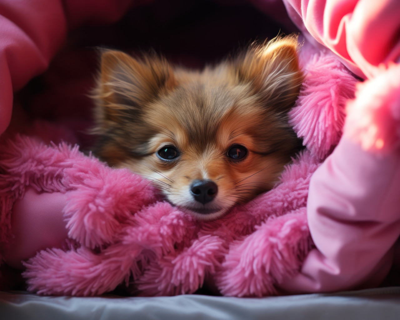 Cute small dog peacefully sleeping on a pink and blue pet bed, cute domestic pet image