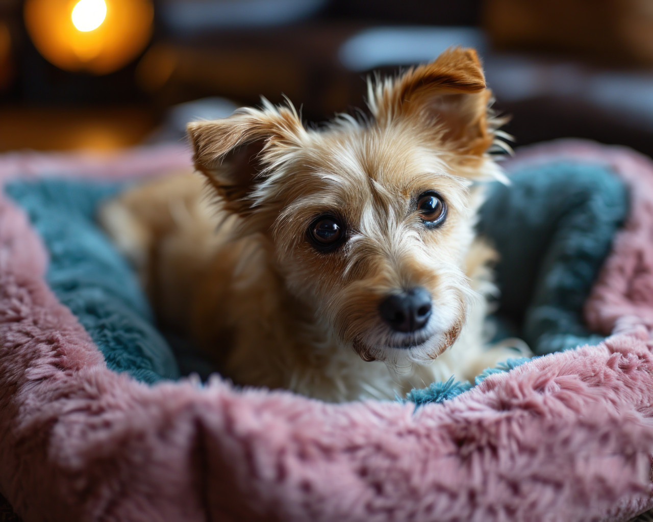 Cute small dog rests happily in a pink and blue bed, animal photography pics