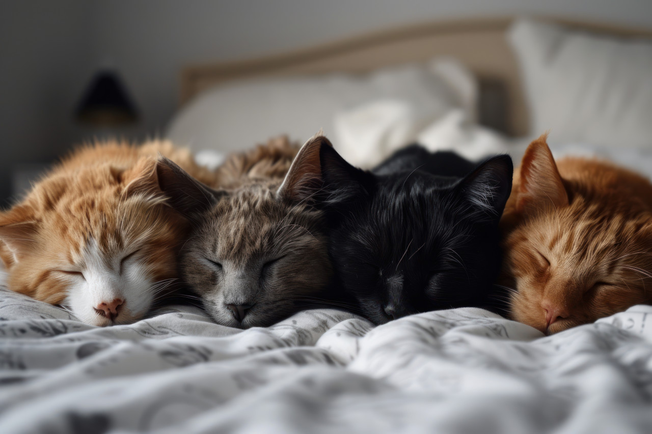 Four labrador cats peacefully sleeping on a white surface, cute domestic pet image