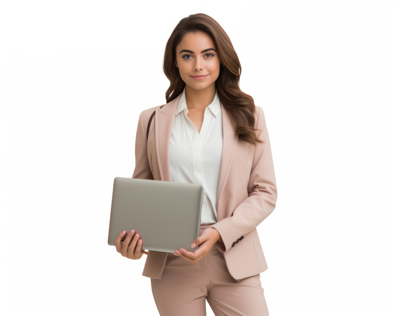 A businesswoman with laptop isolated on white background, hiring image for job postings