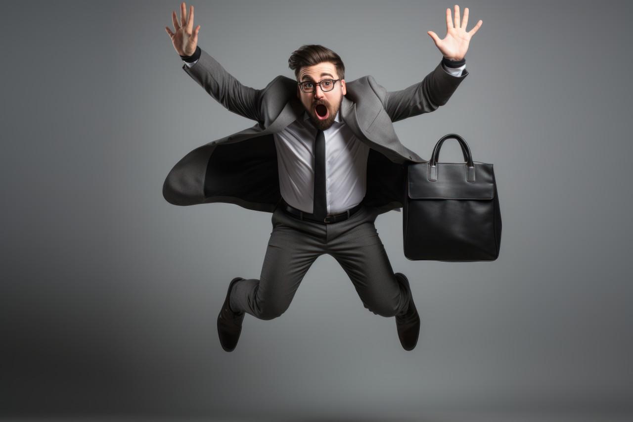 Energetic businessman jumps with a briefcase on a grey background, hiring image for startups
