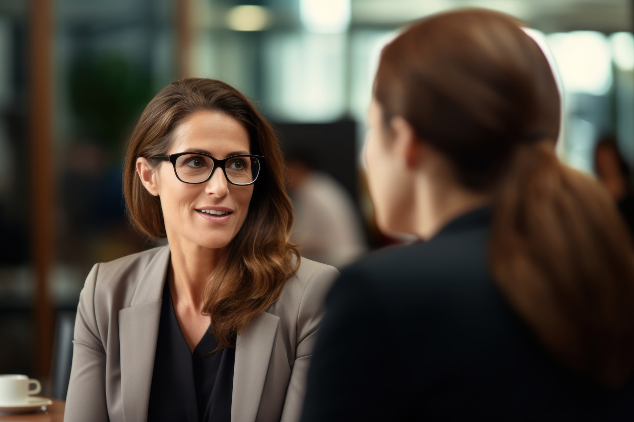 Woman with glasses talking with another woman in a meeting discussing ideas and plans, hiring image for startups