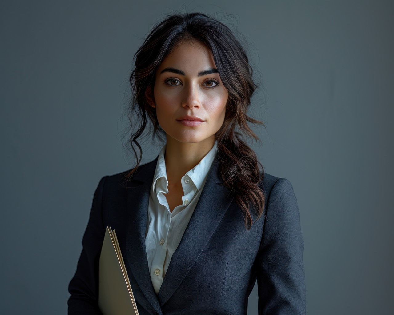 A businesswoman in suit holding folder against grey background, hiring image for job postings