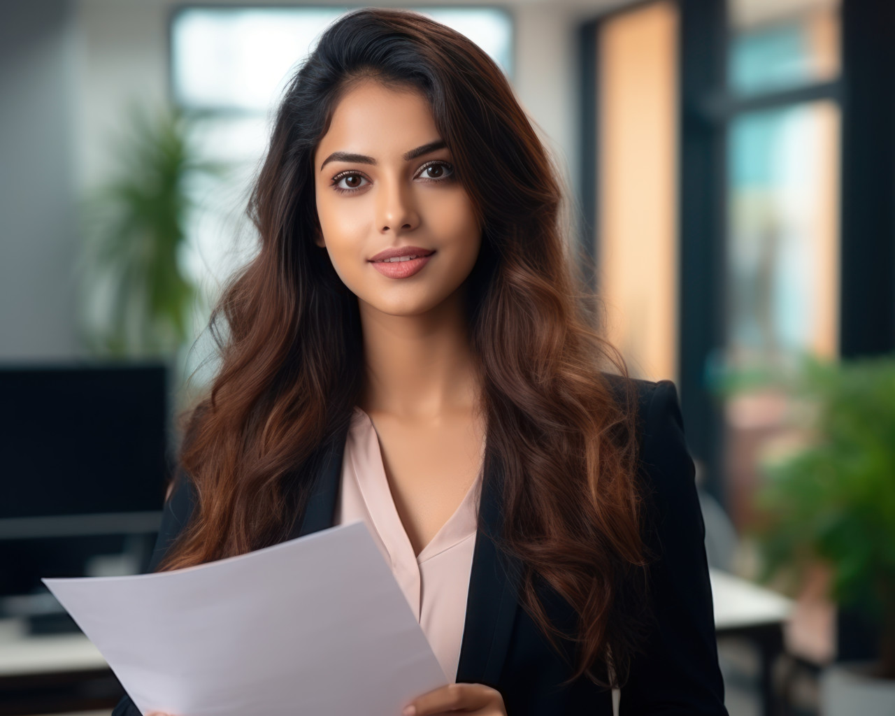 Confident successful indian female manager holding resume in hands while having an interview in a modern office, hiring image for startups