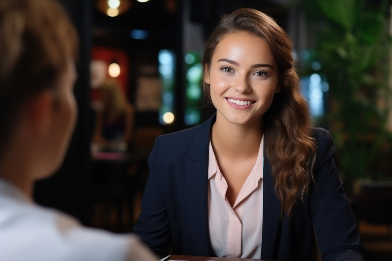 Joyful woman conducts office interview discussing with another woman sharing ideas for a positive work environment, professional job interview attire image