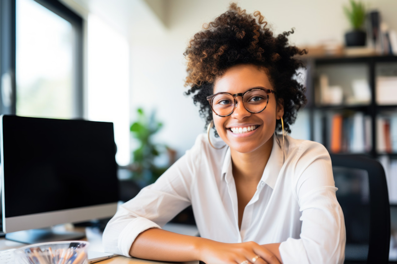 A woman in the office seated and smiling with glasses, professional job interview attire image