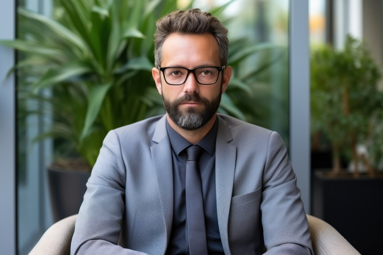 Businessman in waiting room patiently sits in chair preparing for interview moment, hiring image for startups