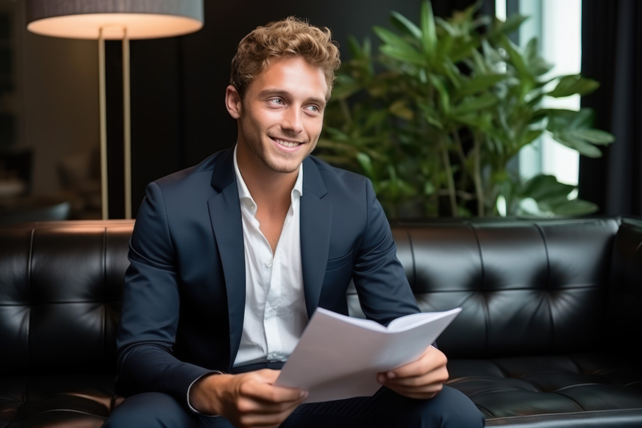 Young man sits on sofa awaiting interview holds folder gazes to the side, hiring image for job postings