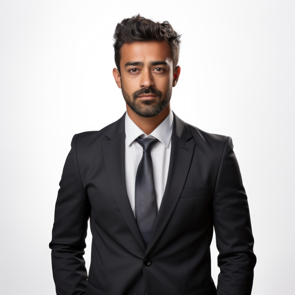 Indian businessman standing against a white background, professional job interview attire image