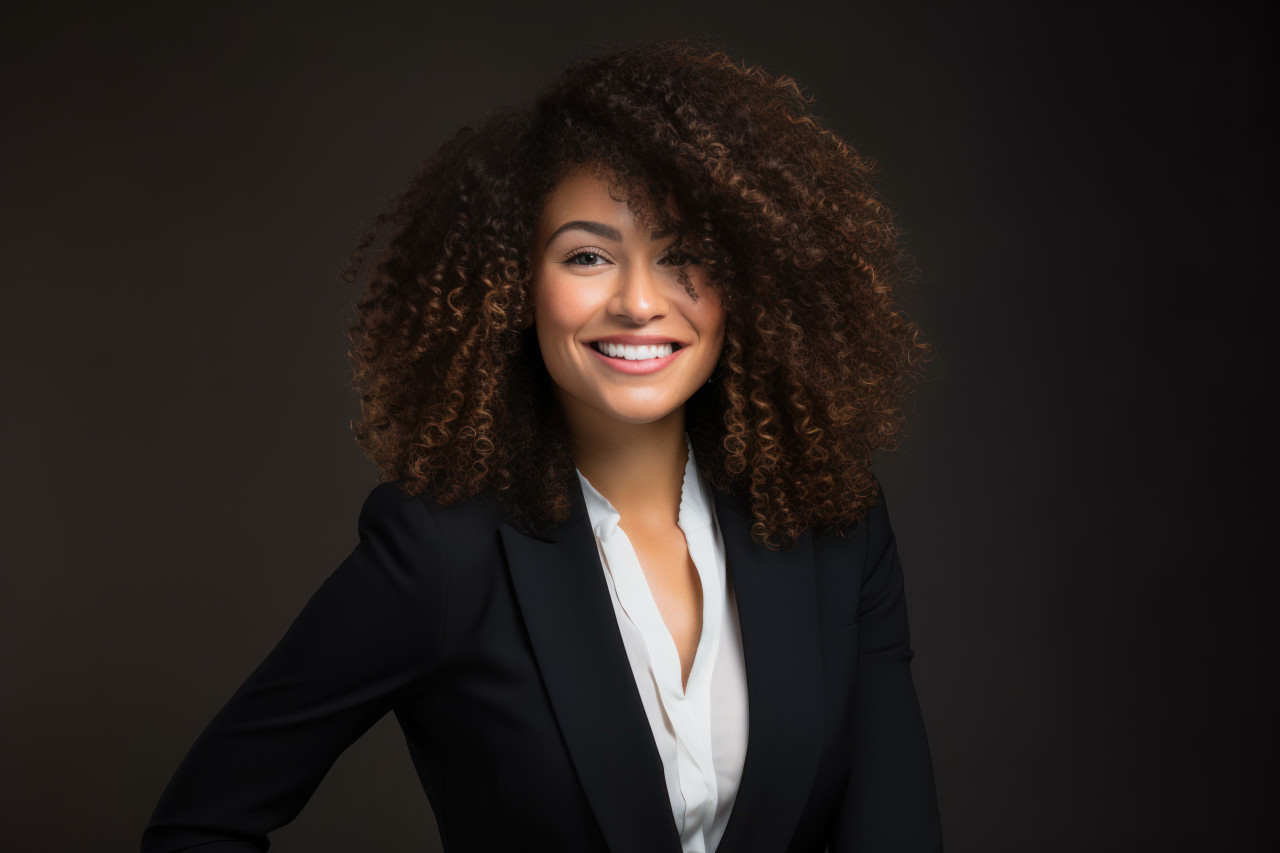 A woman with a cheerful smile and curly hair in a business suit posing for a professional portrait, hiring image for job postings