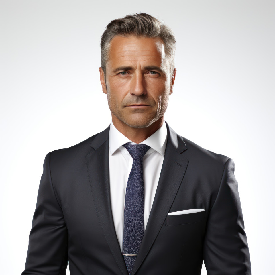 A professional man stands with a white background, hiring image for job postings