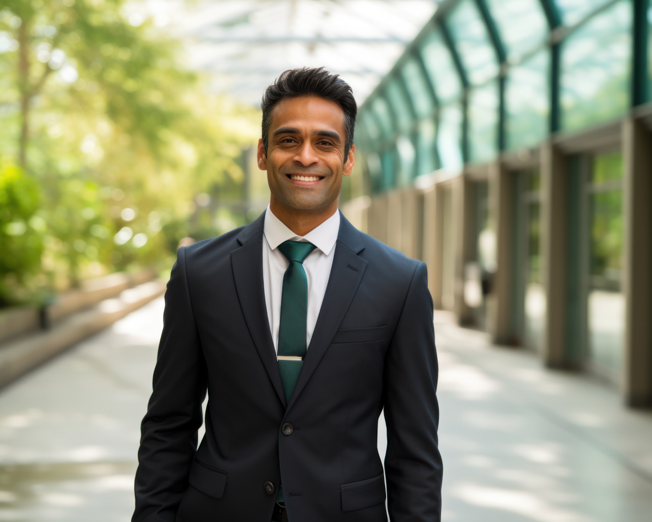 Smiling indian man in suit standing in walkway, hiring image for startups