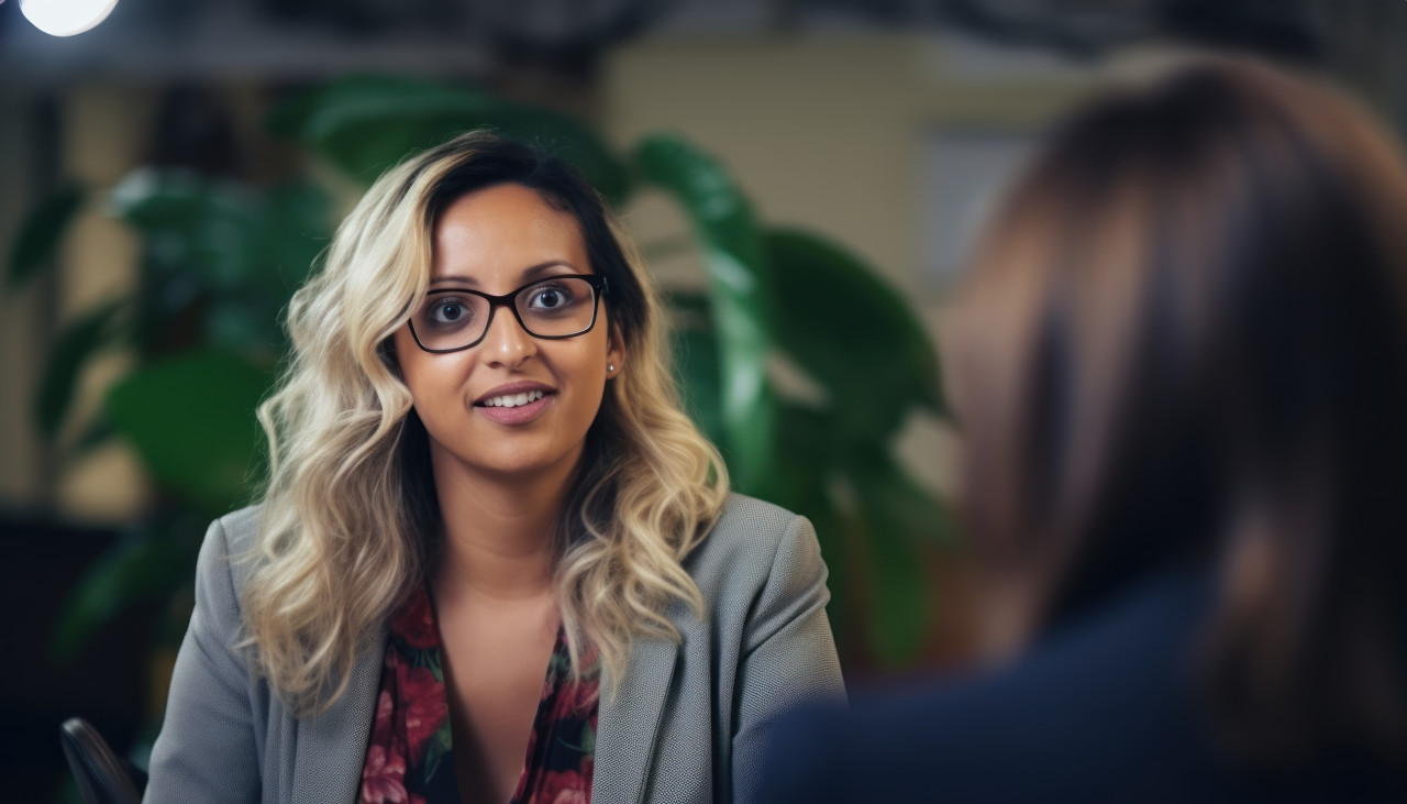Woman discussing in job interview at office, hiring image for startups