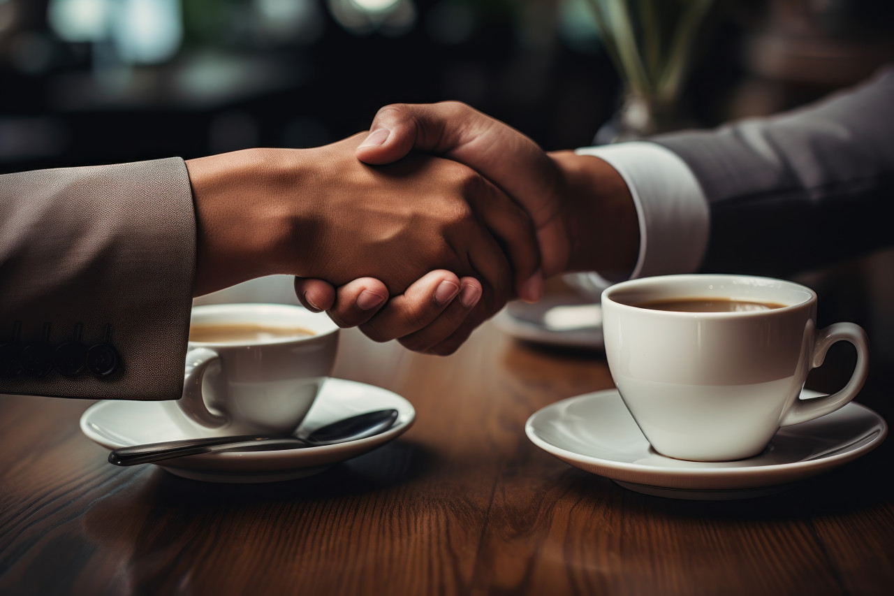 Man and woman shake hands on desk with coffee, hiring image for startups