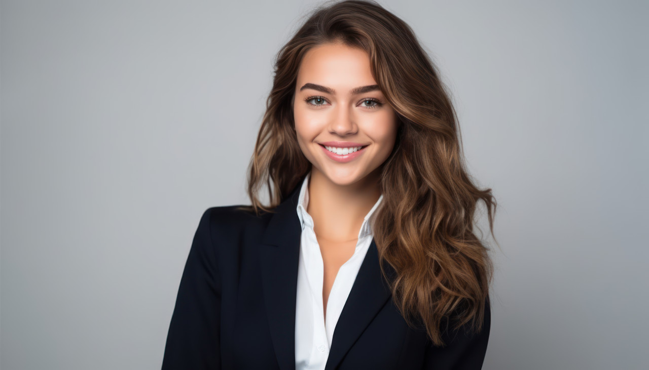 Young lady smiling in black suit on white background radiating positivity and confidence, professional job interview attire image