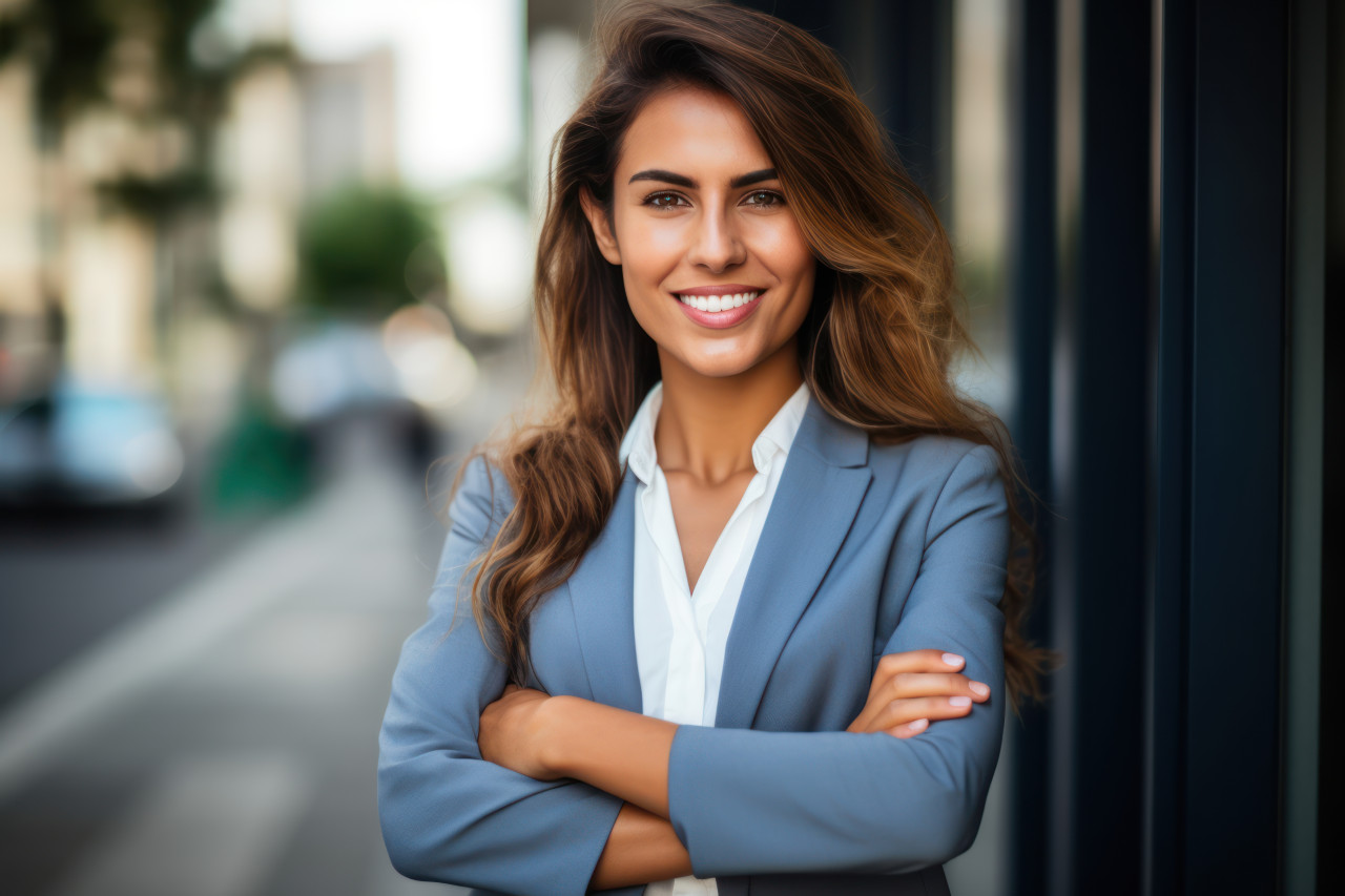 Happy young businesswoman with arms crossed near office building exudes confidence and professionalism, professional job interview attire image