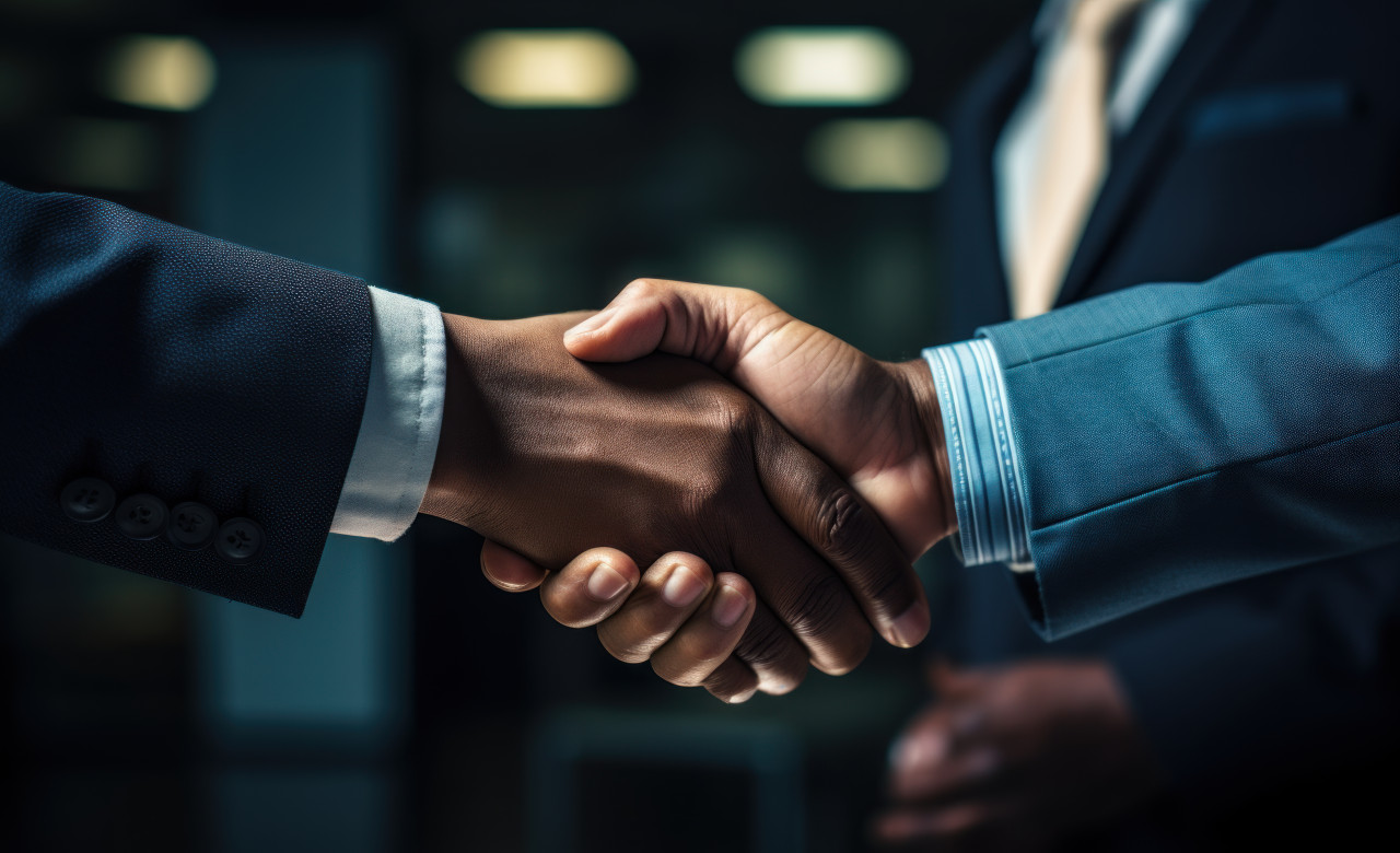 Two businesspeople shake hands sealing a deal in an office setting, hiring image for job postings