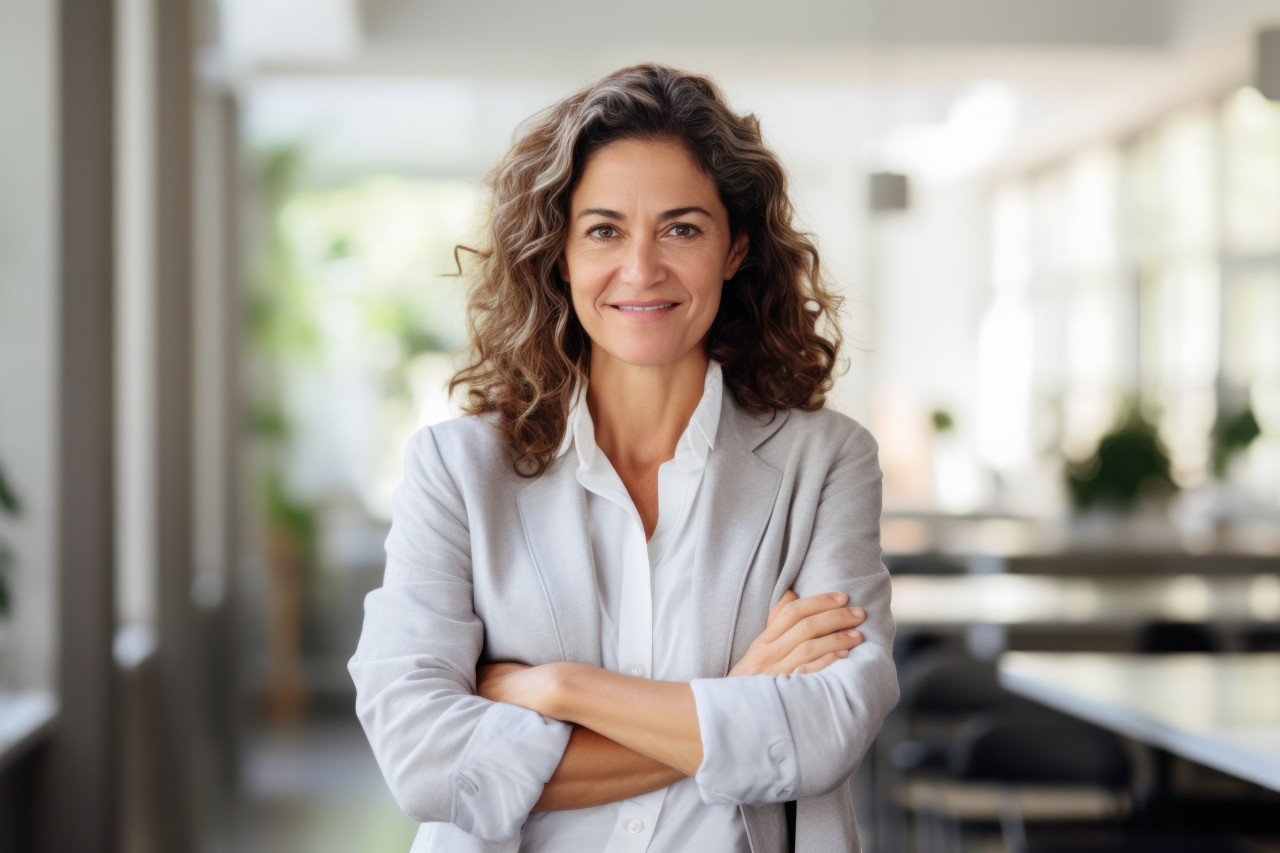 Smiling businesswoman with arms crossed radiates confidence and professionalism in this corporate portrait, hiring image for startups
