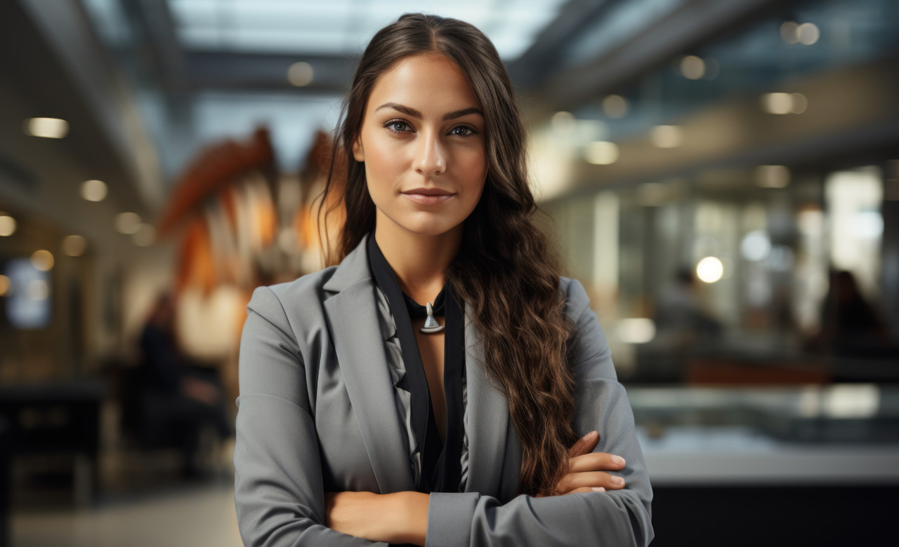 Professional business woman standing confidently with arms crossed, hiring image for startups